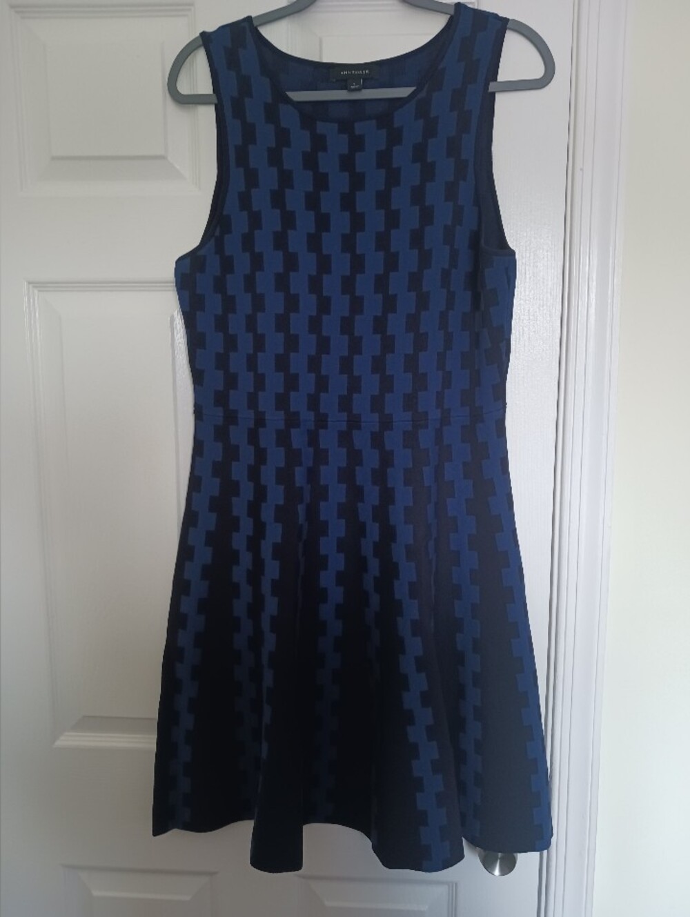 Ann‎ Taylor Checkered Midi Dress Women L Blue Black Sleeveless